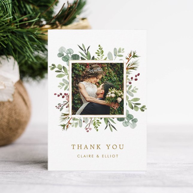 Botanical Greenery Christmas Gold Wedding Photo Thank You Card (Creator Uploaded)