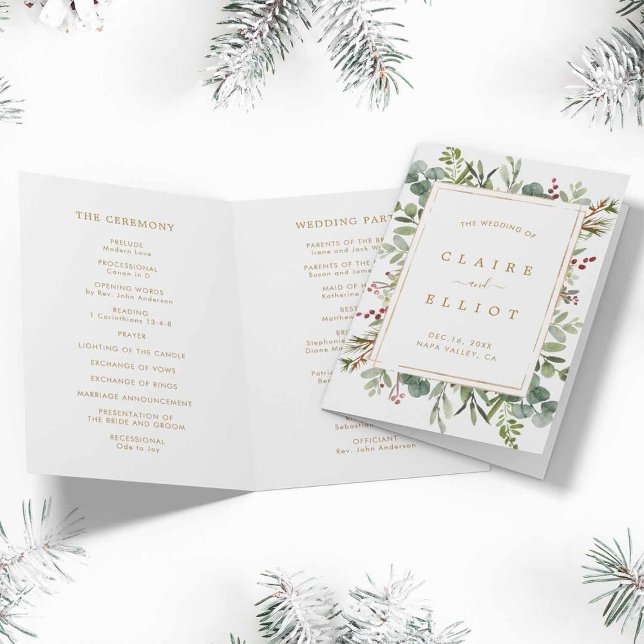 Botanical Greenery Christmas Gold Wedding Program (Front & Inside)