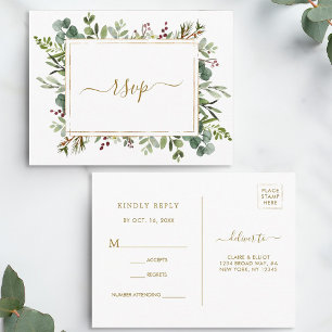 Botanical Greenery Christmas Gold Wedding RSVP Invitation Postcard