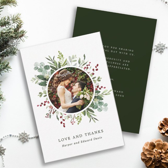 Botanical Greenery Christmas Green Wedding Photo Thank You Card (Front & Back)