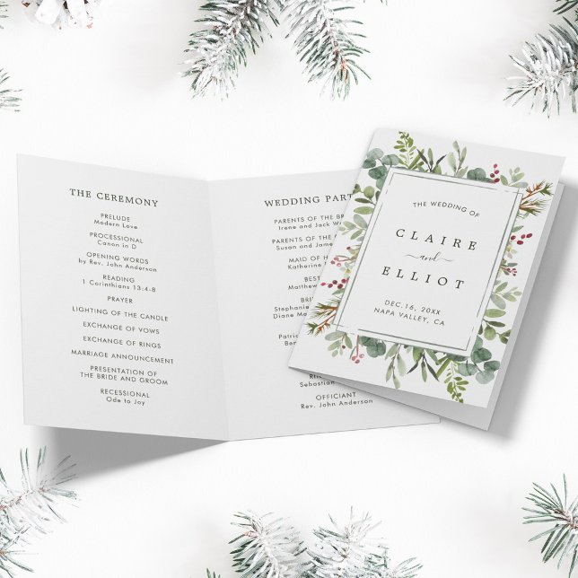 Botanical Greenery Christmas Green Wedding Program (Front & Inside)