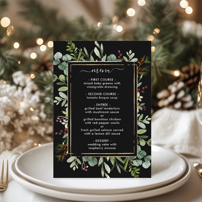 Botanical Greenery Christmas Holiday Black Wedding Menu (Creator Uploaded)