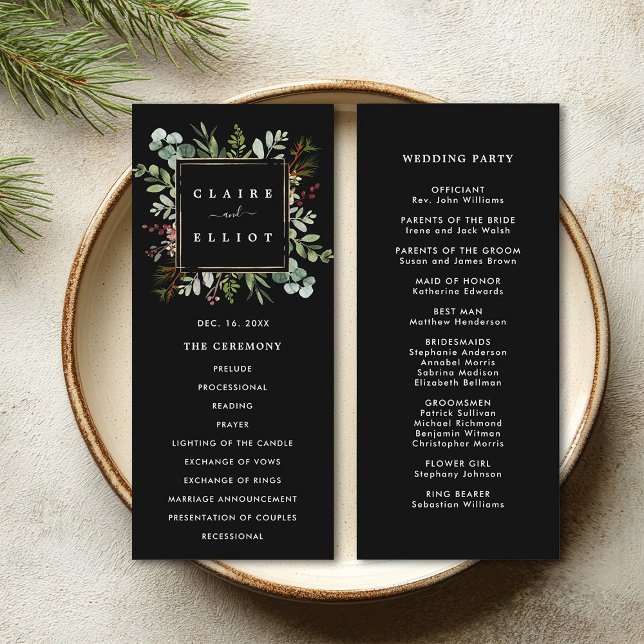 Botanical Greenery Christmas Holiday Black Wedding Programme (Front & Back)