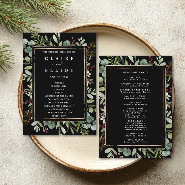 Botanical Greenery Christmas Holiday Black Wedding Programme (Front & Back)