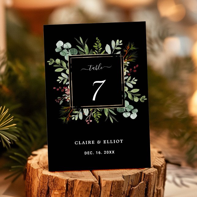 Botanical Greenery Christmas Holiday Black Wedding Table Number (Creator Uploaded)