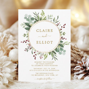 Botanical Greenery Christmas Holiday Gold Wedding  Invitation