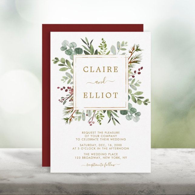 Botanical Greenery Christmas Holiday Gold Wedding  Invitation (Creator Uploaded)