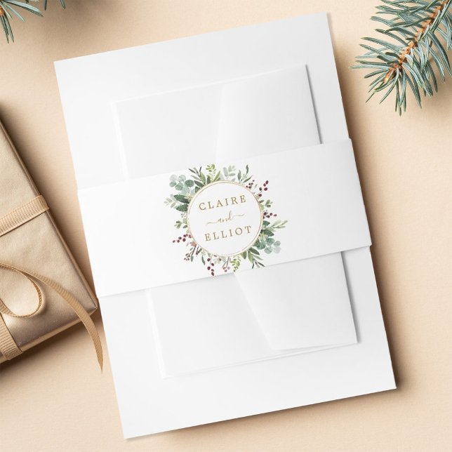 Botanical Greenery Christmas Holiday Gold Wedding  Invitation Belly Band (Creator Uploaded)