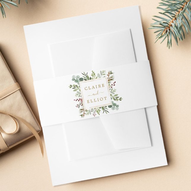 Botanical Greenery Christmas Holiday Gold Wedding Invitation Belly Band (Creator Uploaded)