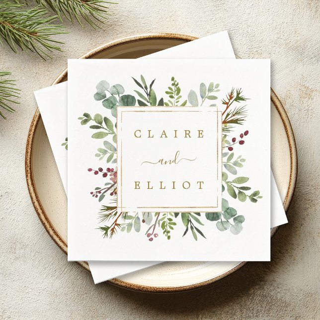 Botanical Greenery Christmas Holiday Gold Wedding  Napkin (Creator Uploaded)