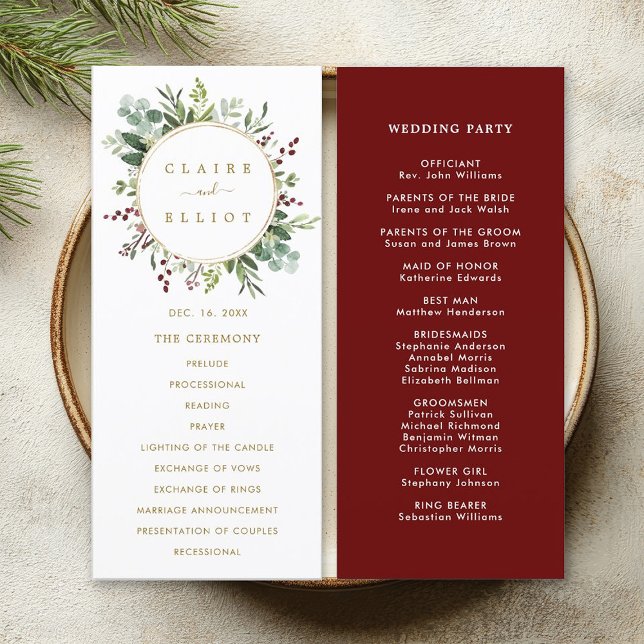 Botanical Greenery Christmas Holiday Gold Wedding Programme (Front & Back)