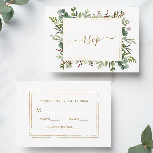 Botanical Greenery Christmas Holiday Gold Wedding  RSVP Card