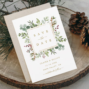 Botanical Greenery Christmas Holiday Gold Wedding Save The Date
