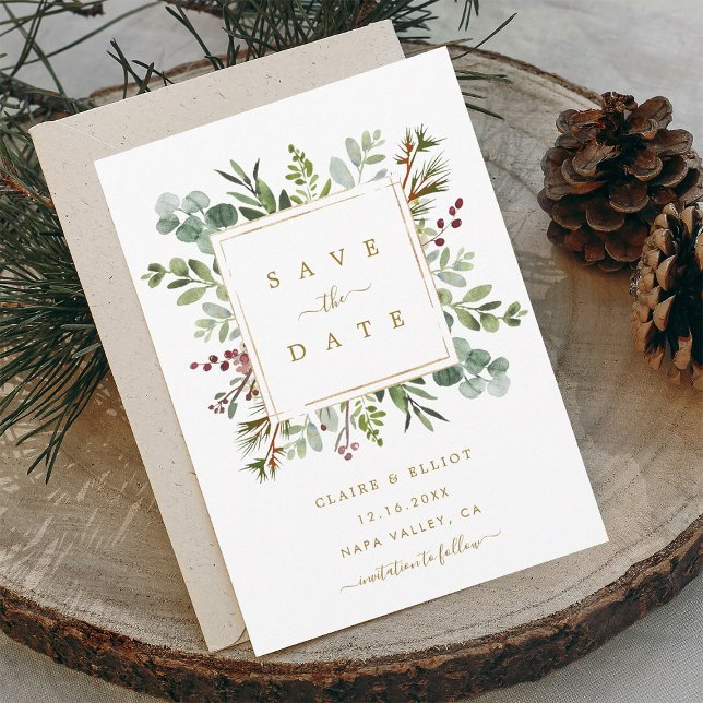Botanical Greenery Christmas Holiday Gold Wedding  Save The Date (Creator Uploaded)
