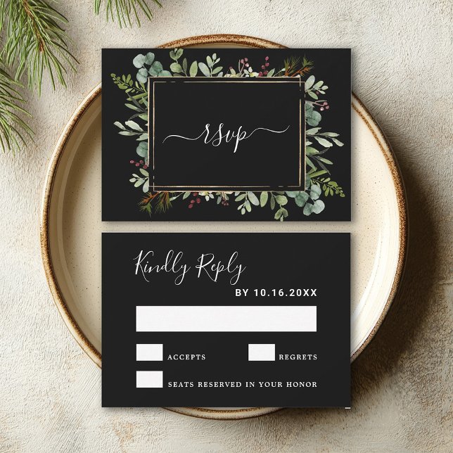 Botanical Greenery Christmas Holiday Wedding Black RSVP Card (Front & Back)