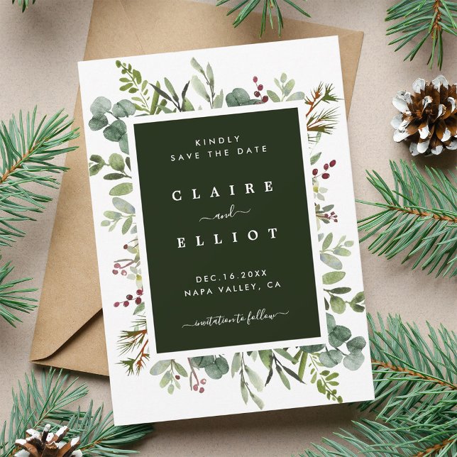 Botanical Greenery Christmas Holiday Wedding Green Save The Date (Creator Uploaded)