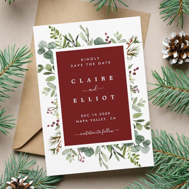 Botanical Greenery Christmas Holiday Wedding Red Save The Date (Creator Uploaded)