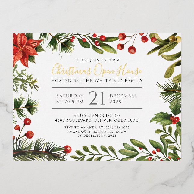 Botanical Greenery Christmas Open House Gold Foil Holiday Postcard (Front)