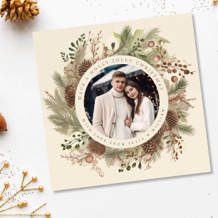 Botanical greenery christmas photo black square holiday card