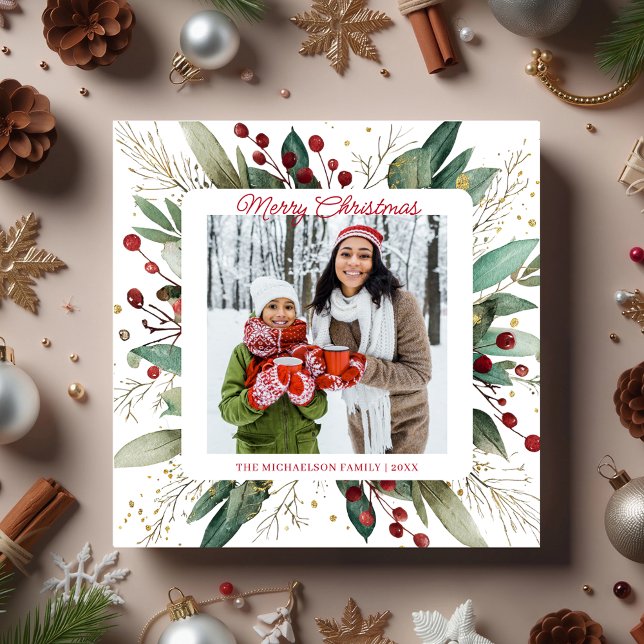Botanical Greenery Christmas Photo  Holiday Card (Botanical Greenery Christmas Photo Holiday Card)