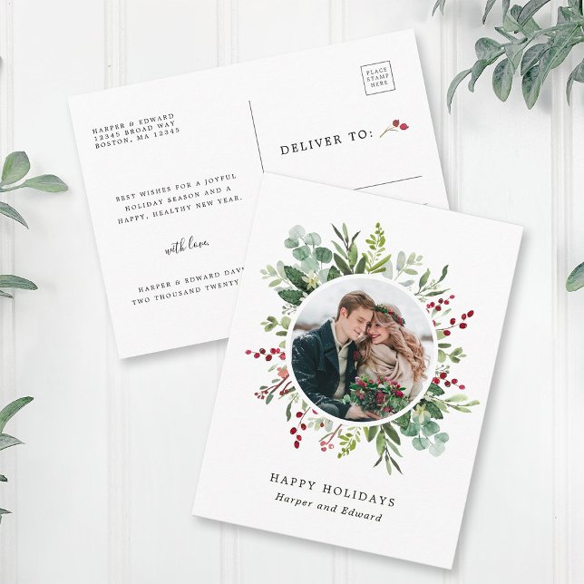 Botanical Greenery Christmas Photo Holiday Postcard (Front & Back)