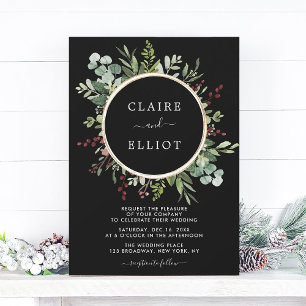 Botanical Greenery Christmas Wedding Black Invitation