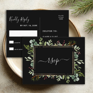 Botanical Greenery Christmas Wedding Black RSVP Invitation Postcard