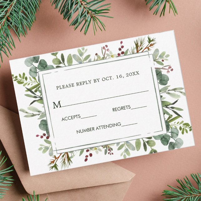 Botanical Greenery Christmas Wedding Green RSVP Card (Creator Uploaded)