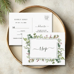 Botanical Greenery Christmas Wedding Green RSVP Invitation Postcard