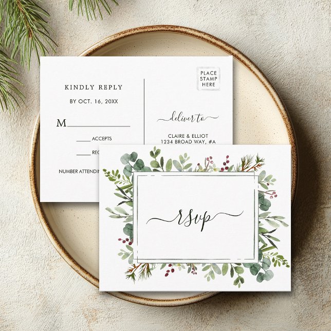Botanical Greenery Christmas Wedding Green RSVP Invitation Postcard (Front & Back)