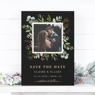 Botanical Greenery Christmas Wedding Photo Black Save The Date