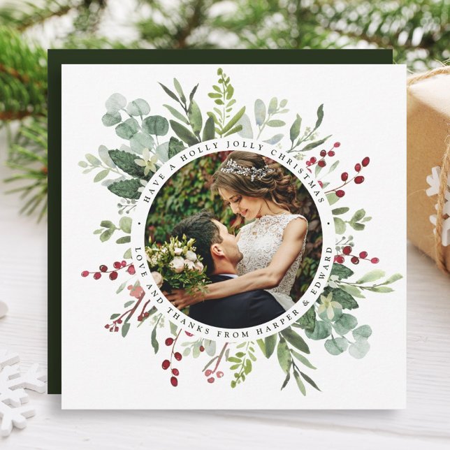 Botanical Greenery Christmas Wedding Photo Square Thank You Card (Creator Uploaded)