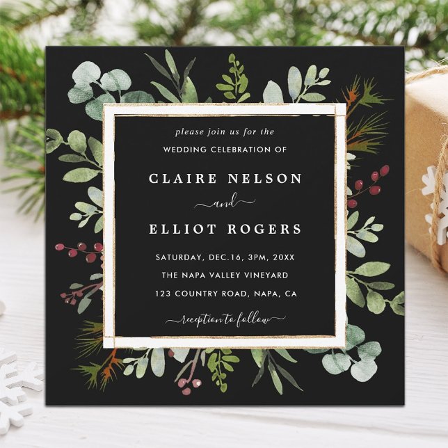Botanical Greenery Christmas Wedding Square Black Invitation (Creator Uploaded)