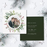 Botanical Greenery Christmas Winter Wedding Square Save The Date<br><div class="desc">This Christmas | Holiday save the date flat card features painted watercolor eucalyptus,  green leaves,  red berries,  pine branches with a circle photo and custom text on the back. For more advanced customisation of this design,  please click the "customise further" link. Matching items are also available.</div>