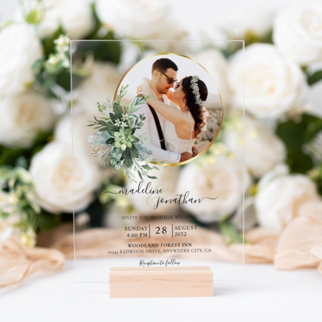 Botanical Greenery Circle Border 2 Photo Wedding Acrylic Invitations (Creator Uploaded)