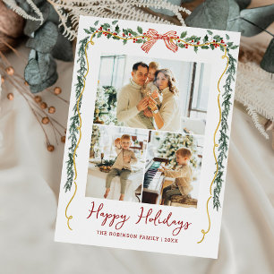 Botanical Greenery Coquette Bow Christmas 3 Photo Holiday Card