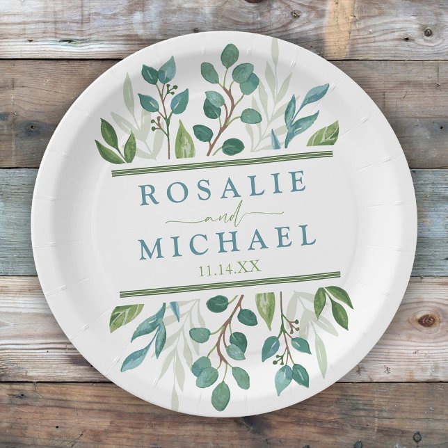 Botanical Greenery Custom Name  Paper Plate (Botanical Greenery  Custom Wedding Paper Plates)