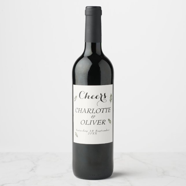 Botanical Greenery Custom Wedding Wine Bottle Wrap Label (Front)