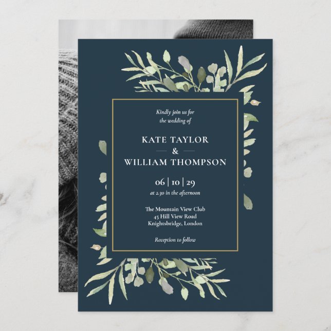 Botanical Greenery Deep Sea Blue Photo Wedding Invitation (Front/Back)