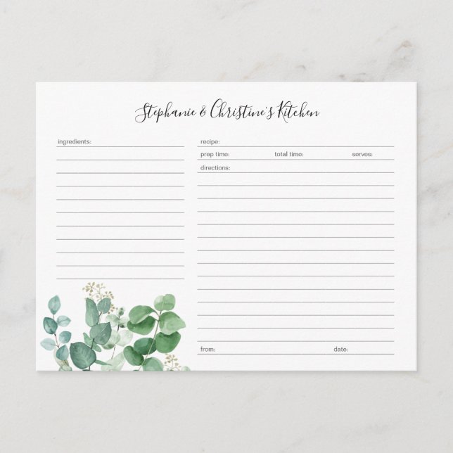 Botanical Greenery Editable Recipe Card template (Front)