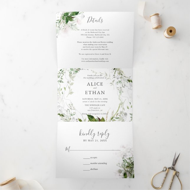 Botanical Greenery Elegant Wedding Tri-Fold Invita Invitation (Inside)