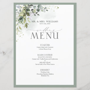 Botanical Greenery Floral Watercolor Wedding Menu