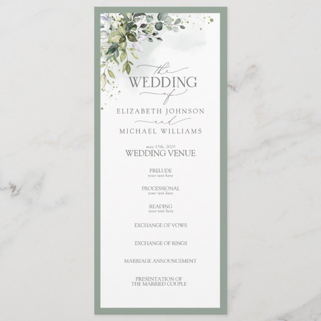 Botanical Greenery Floral Watercolor Wedding Programme (Front)