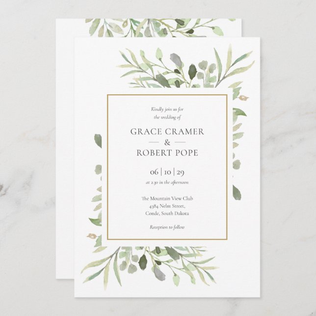 Botanical Greenery Foliage Gold Geometric Wedding Invitation (Front/Back)