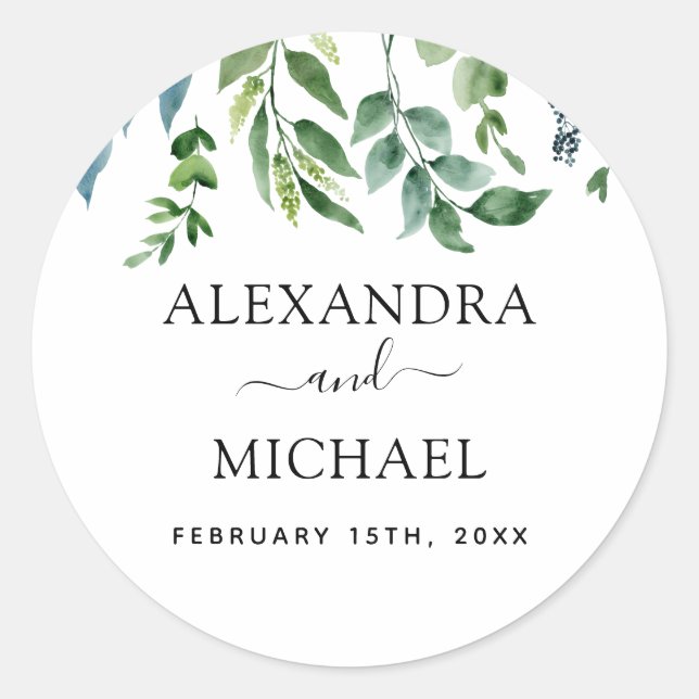 Botanical Greenery Foliage Watercolor Wedding Classic Round Sticker (Front)