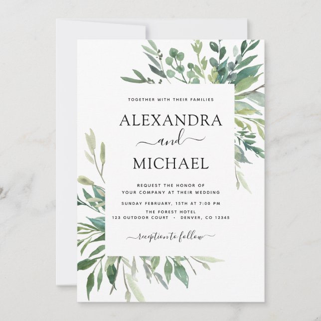 Botanical Greenery Foliage Watercolor Wedding Invi Invitation (Front)