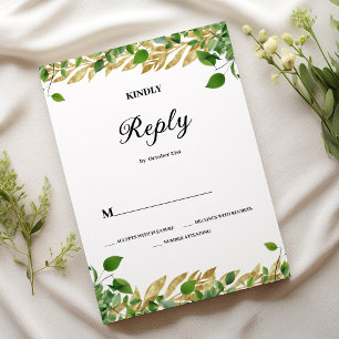 Botanical greenery gold foliage Wedding RSVP Invitation