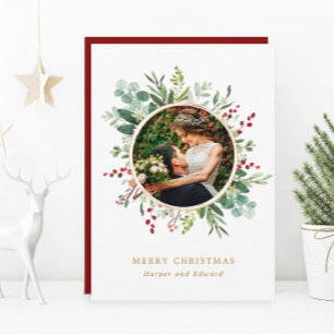 Botanical Greenery Gold Merry Christmas Photo Holiday Card