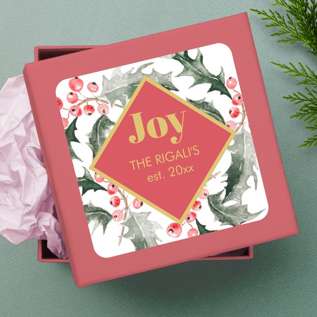 Botanical Greenery Joy Christmas Square Sticker (Christmas gift tags in sticker format personalized with your name.)