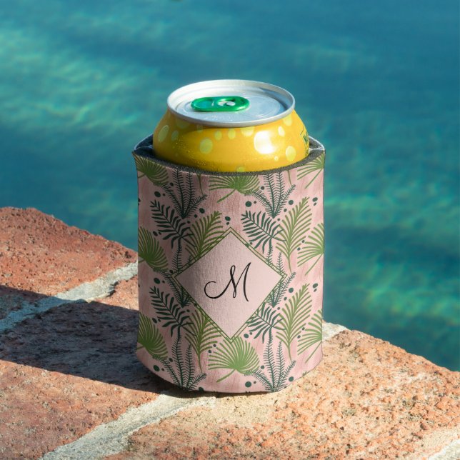 Botanical Greenery Leaves and Monogram Pink Can Cooler (In Situ Pool)